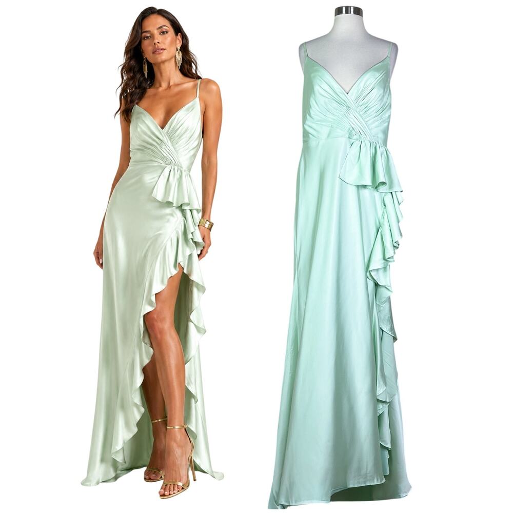 NEW Mac Duggal | Pistachio Green Satin Ruffle Formal Evening Gown Dress Size 12